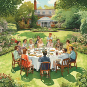 Illustration d'un groupe échangeant dans un jardin autour d'un petit déjeuner